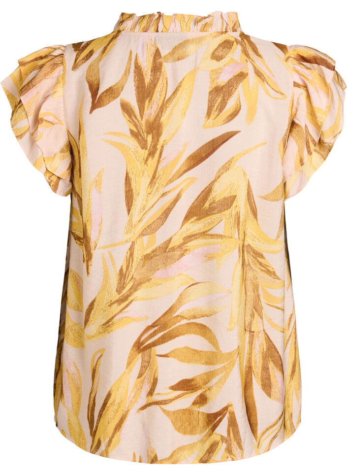 Viscose blouse met bladprint en ruches, Geel, Packshot image number 1