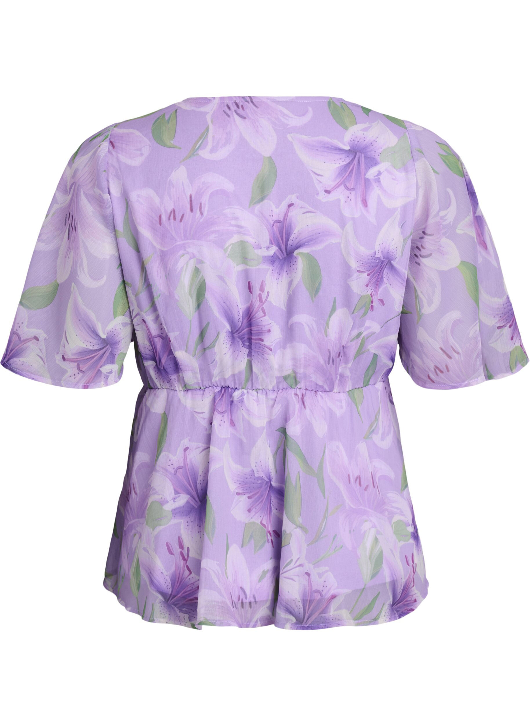 ZizziBloemen chiffon blouse met korte mouwen, Paars, Packshot image number 1
