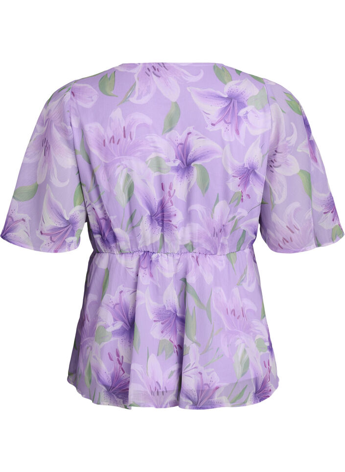Bloemen chiffon blouse met korte mouwen, Paars, Packshot image number 1