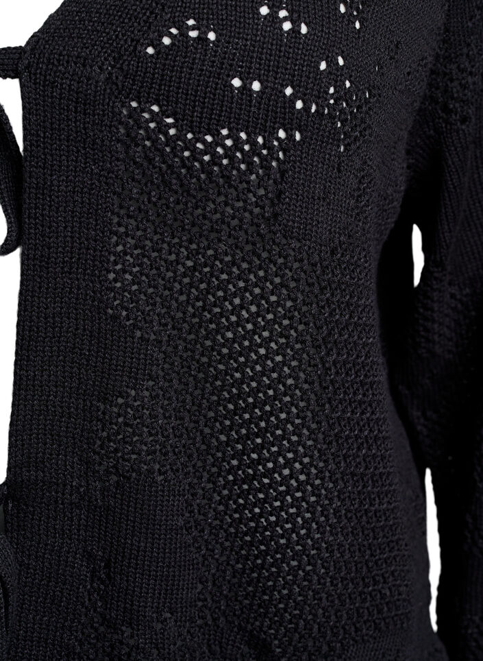 Gebreide cardigan met opengewerkt patroon en strikkoordjes, Black, Packshot image number 2