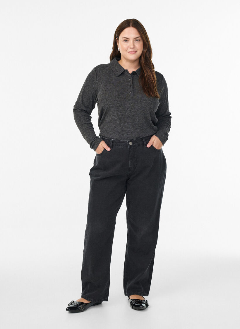 Lange mouwen polo in stretchende geribde kwaliteit, Grijs, Model image number 1