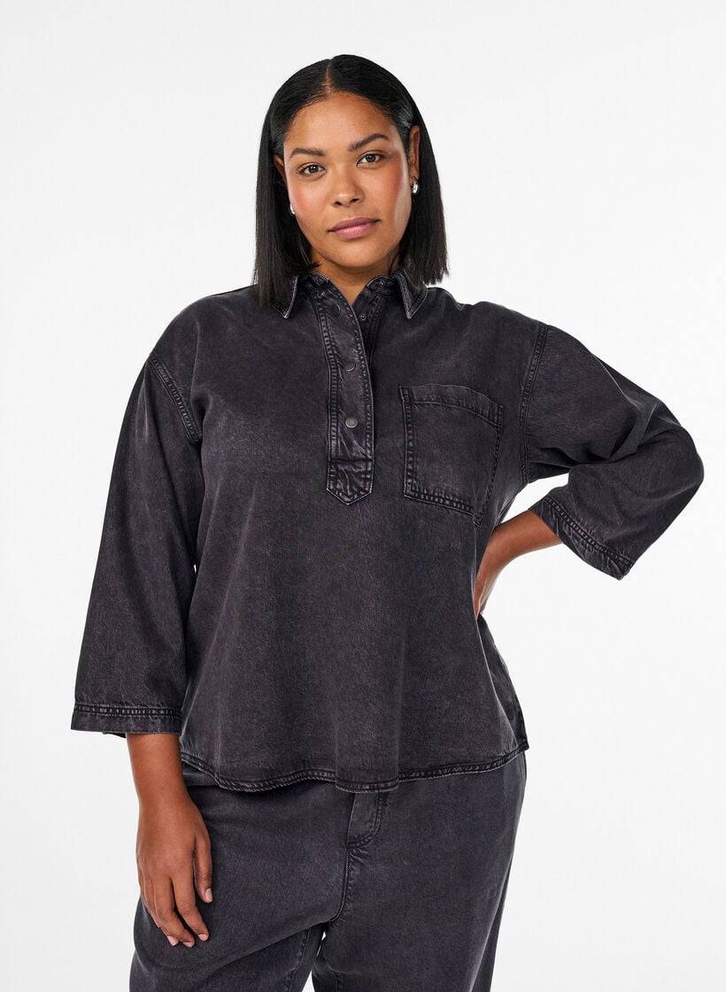 Los denimshirt met 3/4-mouwen, Grijs, Model image number 0