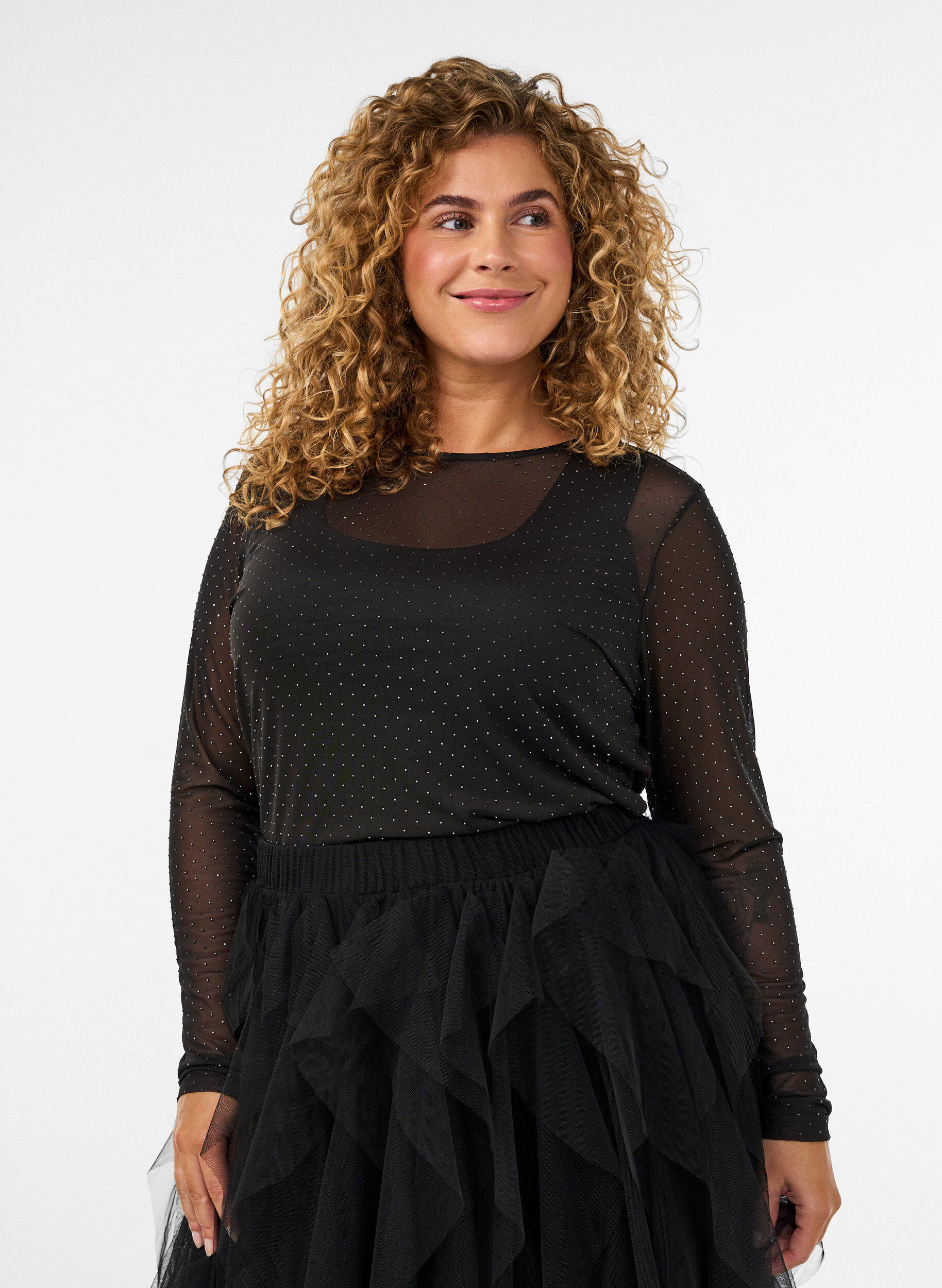 Transparante mesh blouse met strassteentjes, Zwart, Model