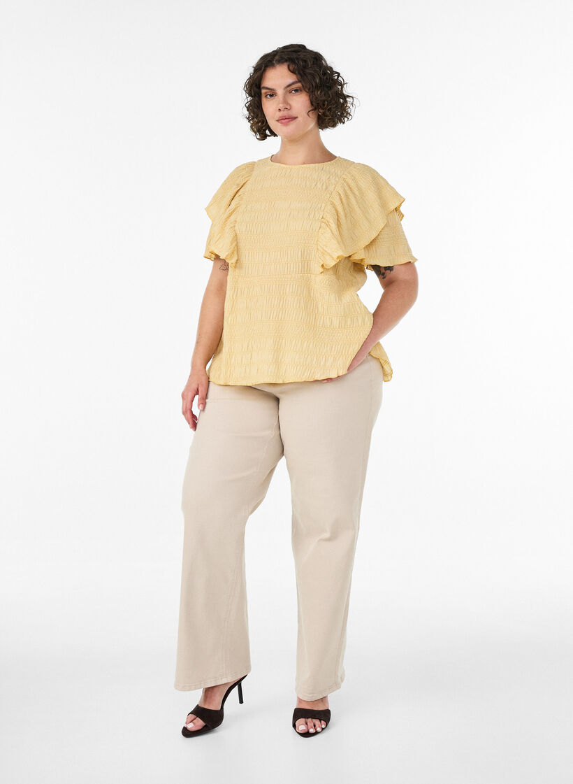 Blouse met smockstructuur en ruchesmouwen, Geel, Model image number 1