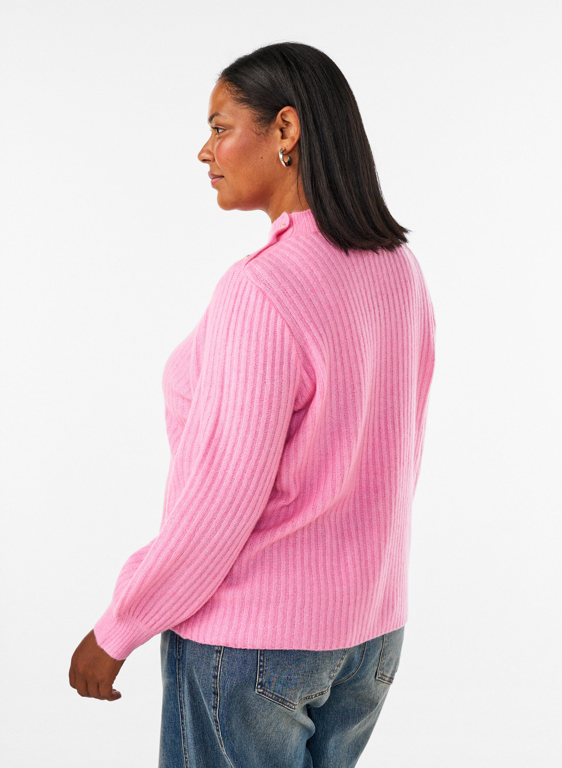 ZizziGeribde trui met pofmouwen en knopen, Roze, Model image number 2