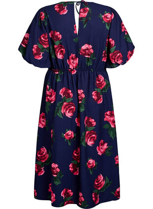 ZizziMidi-jurk met rozenprint en korte ballonmouwen, Pink Rose AOP, Packshot image number 1