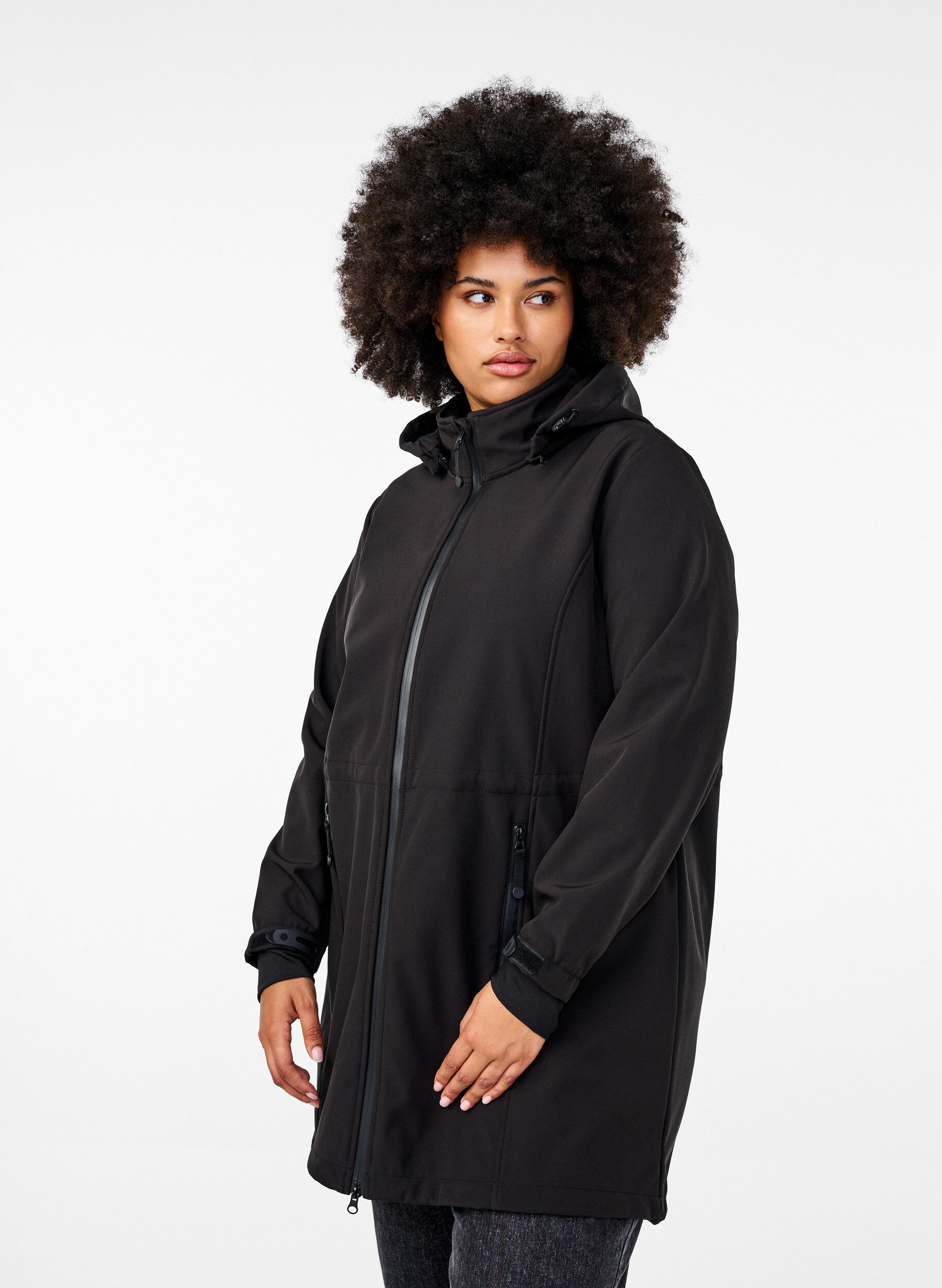 Softshell jack met afneembare capuchon, Zwart, Model