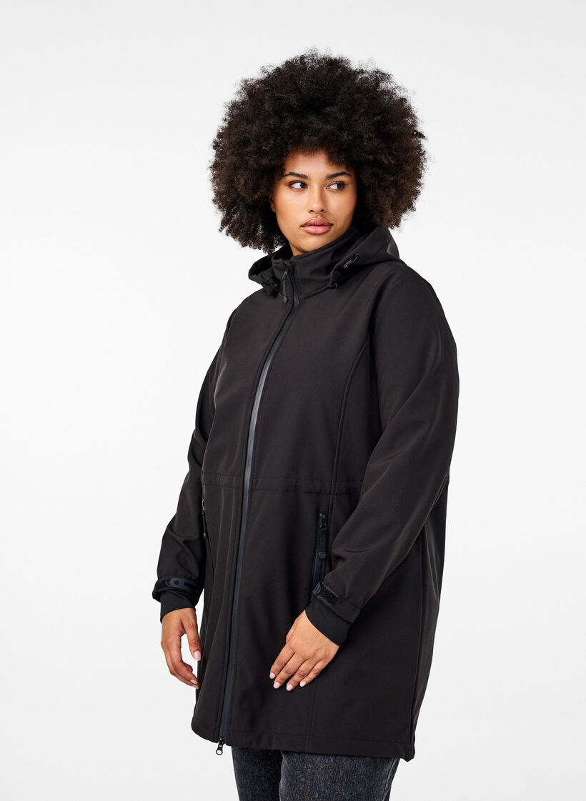 Softshell jack met afneembare capuchon, Zwart, Model image number 0