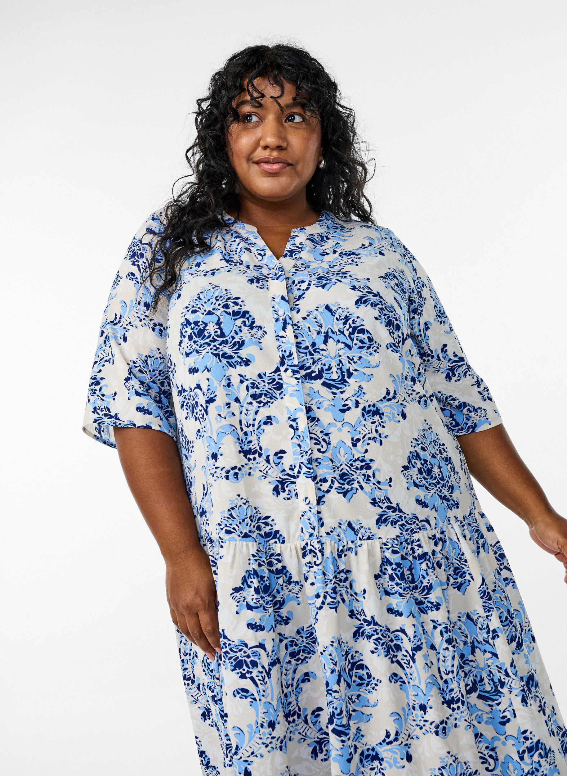 ZizziA-lijn midi-jurk met korte mouwen, Beige, Model image number 3