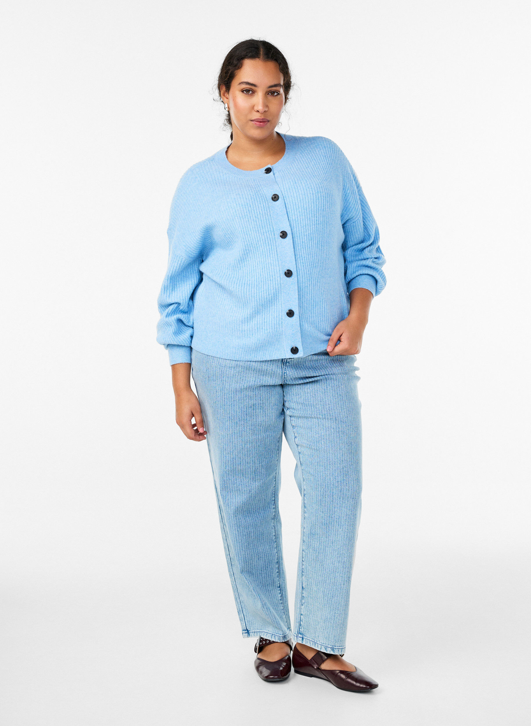 ZizziVest van ribtricot met knopen, Blauw, Model image number 1