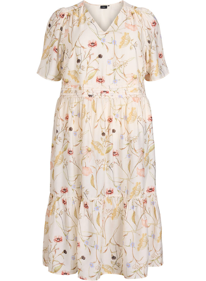 Midi-jurk met bloemen met een A-lijn vorm, Beige, Packshot image number 0