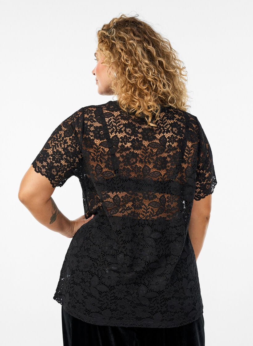 Kanten blouse met korte mouwen en ronde hals, Black, Model
