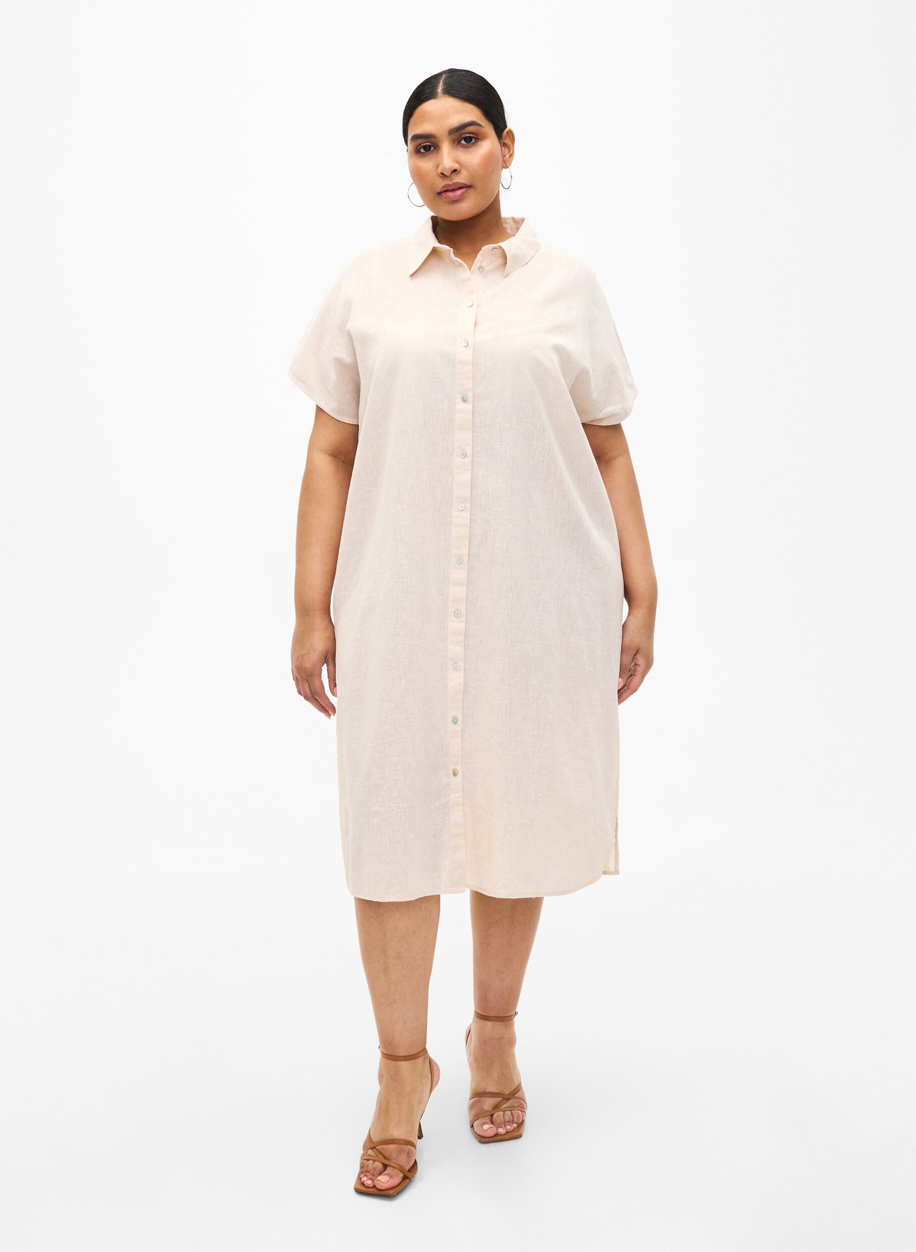 ZizziLang shirt van katoenmix met linnen, Beige, Model image number 1