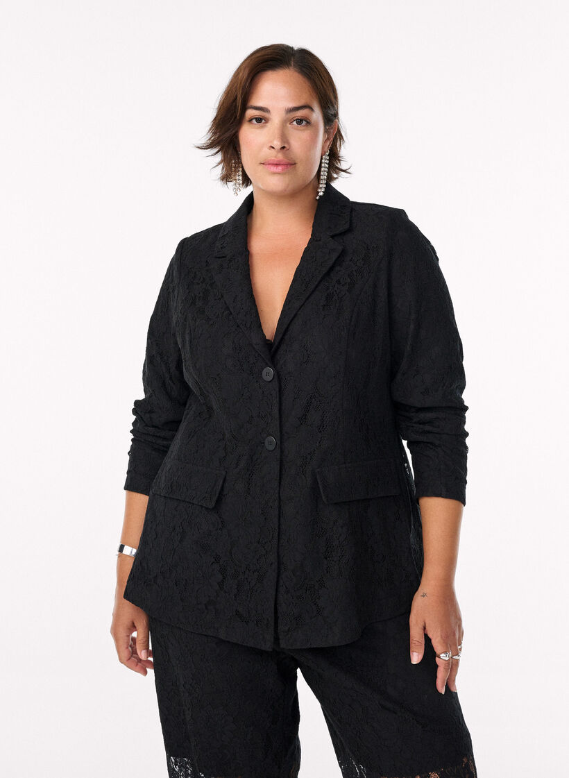 Kanten blazer met knoopsluiting, Zwart, Model image number 0
