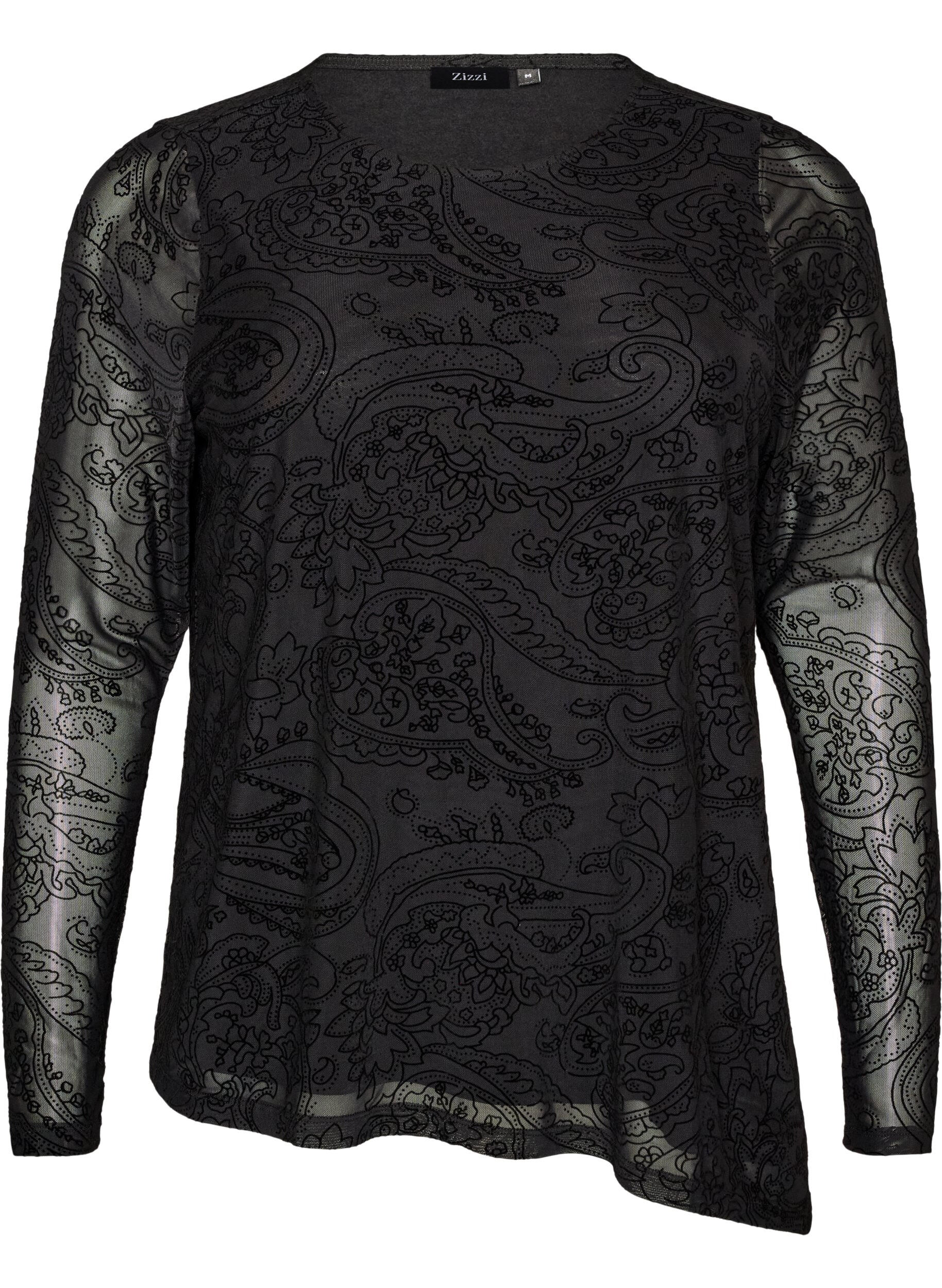 Mesh blouse met paisleyprint en asymmetrische zoom