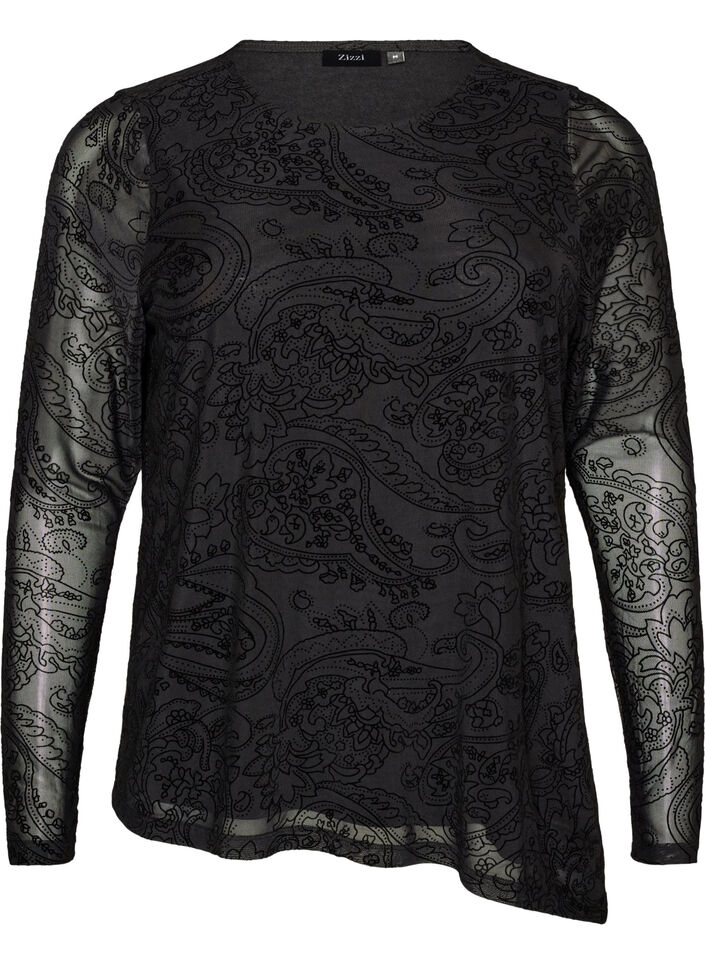 Mesh blouse met paisleyprint en asymmetrische zoom, Zwart, Packshot image number 0