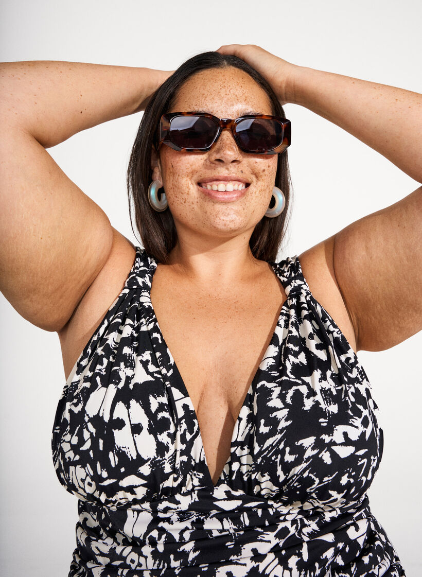 Patroon badpak met diepe V-hals, Zwart, Image image number 0