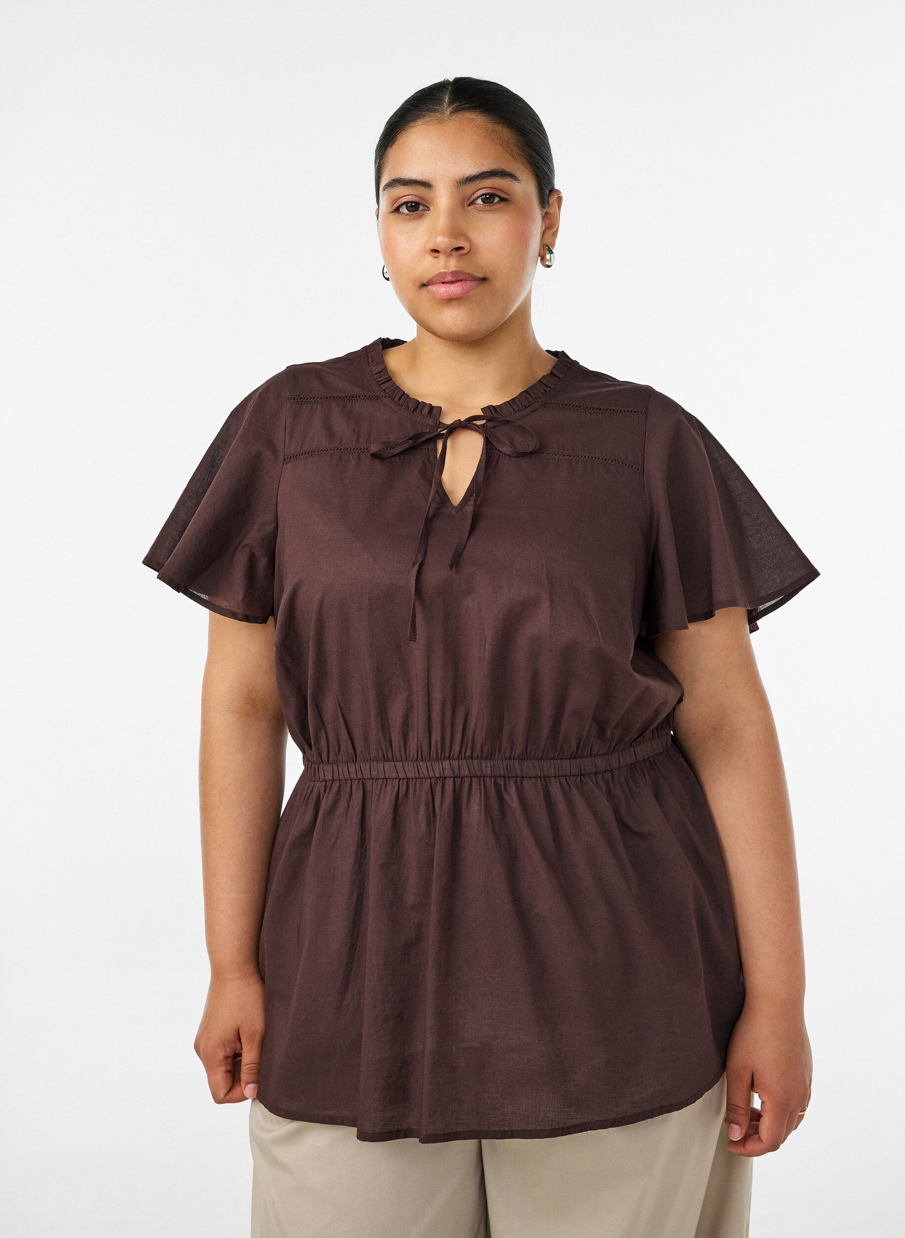 Katoenen blouse met strik en elastische taille, Bruin, Model