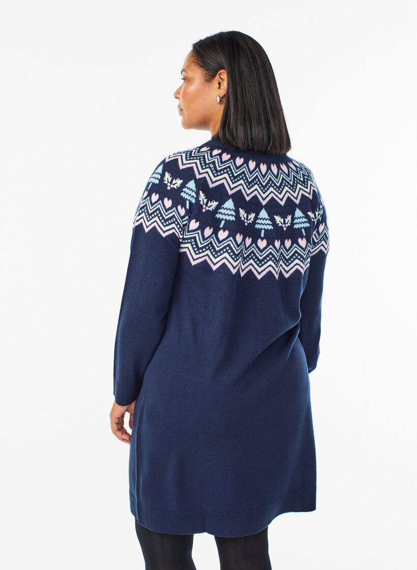 Korte gebreide jurk met jacquardpatroon en kerstmotieven, Blauw, Model image number 2