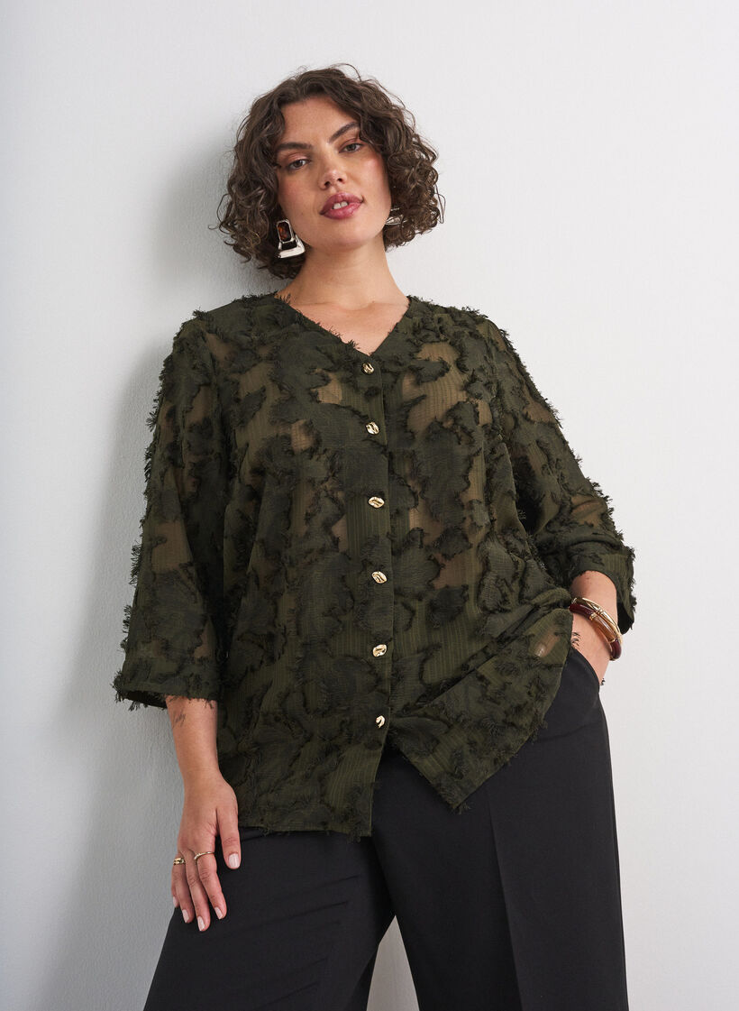 Blouse met rafelige draden en textuur, Groen, Model image number 0