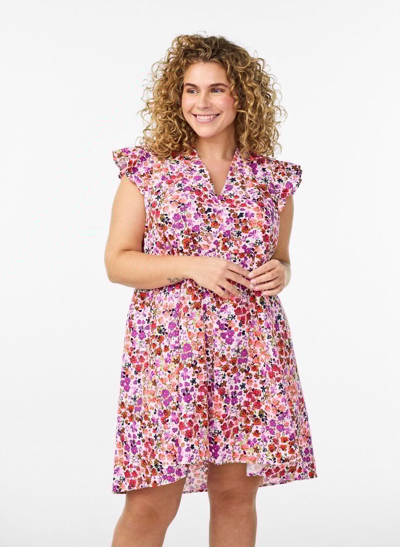 Robe fleurie en coton avec volants et col en V, Rose, Model image number 0
