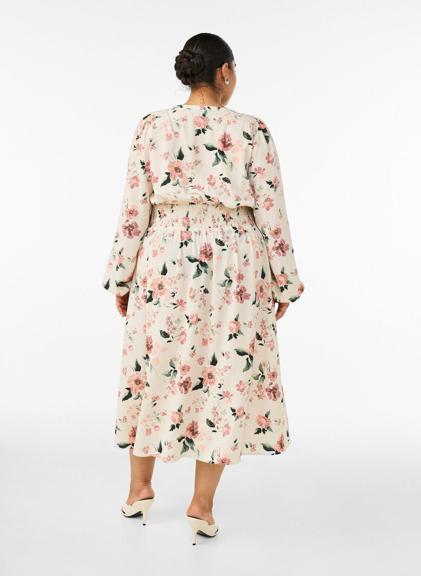 Midi-jurk met smock en decoratieve knopen, Beige, Model image number 1