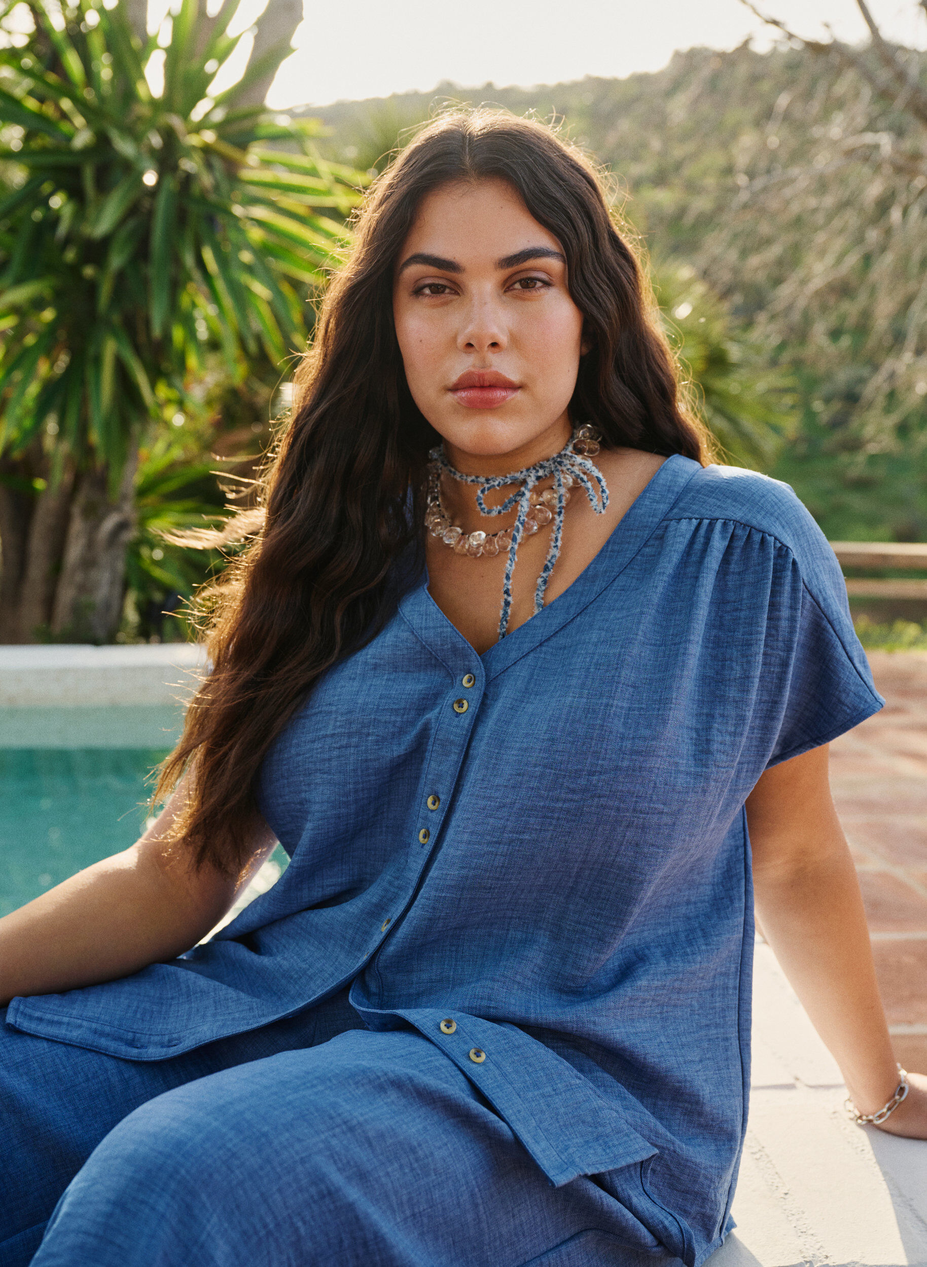 ZizziOverhemd blouse met V-hals en korte mouwen, Blauw, Image image number 0