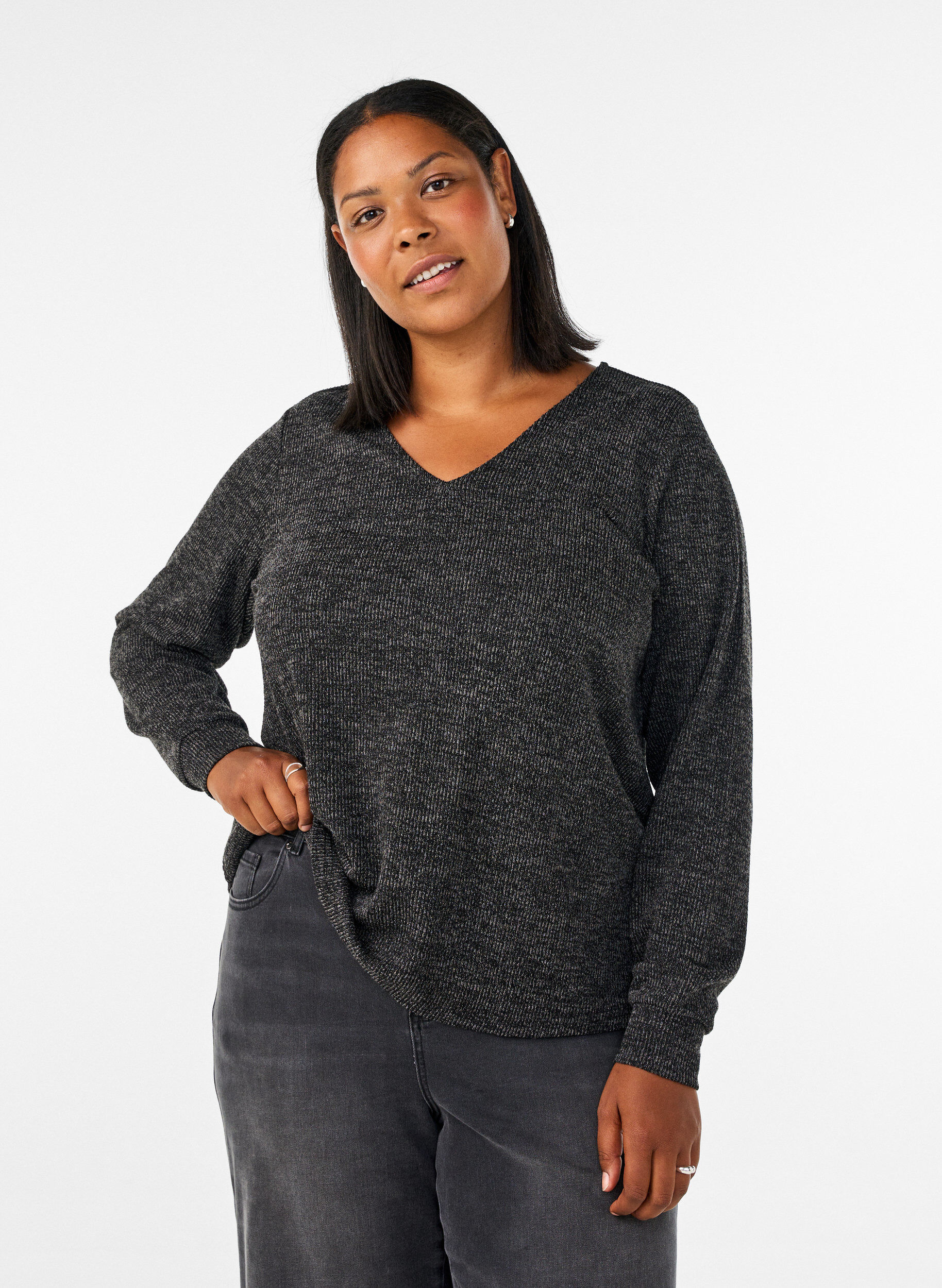 Jersey blouse met V-hals en lange mouwen, Zwart, Model