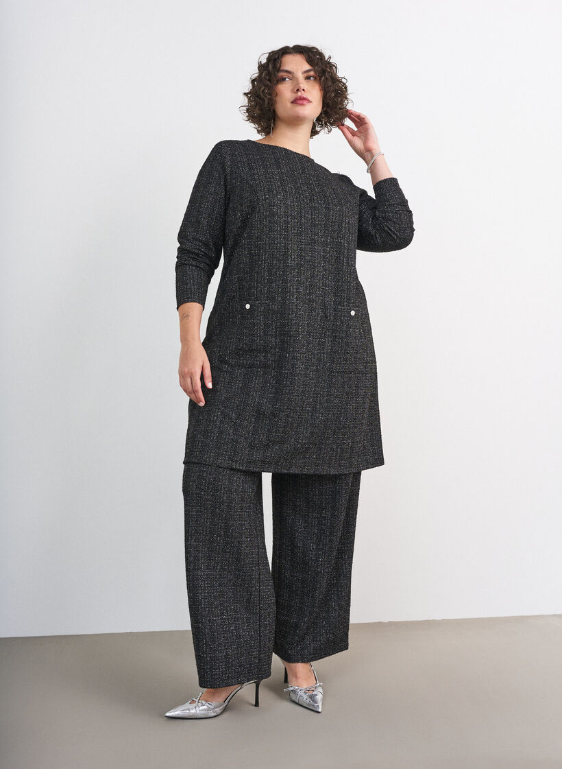 Straight-fit boucl&eacute; broek, Zwart, Model image number 0
