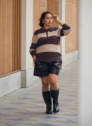 ZizziStrik blouse met kraag, Seal Brown Comb, Image image number 0