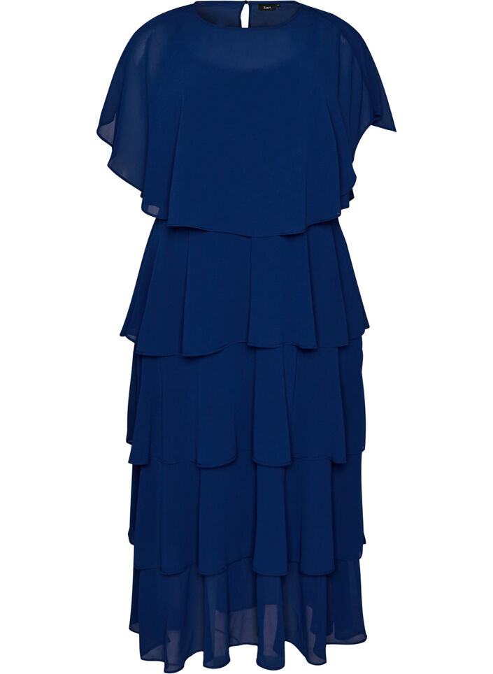 Maxi jurk met ruches en afneembare cape, Blauw, Packshot image number 0