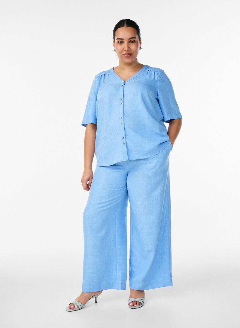 Overhemd blouse met V-hals en korte mouwen, Blauw, Model image number 1