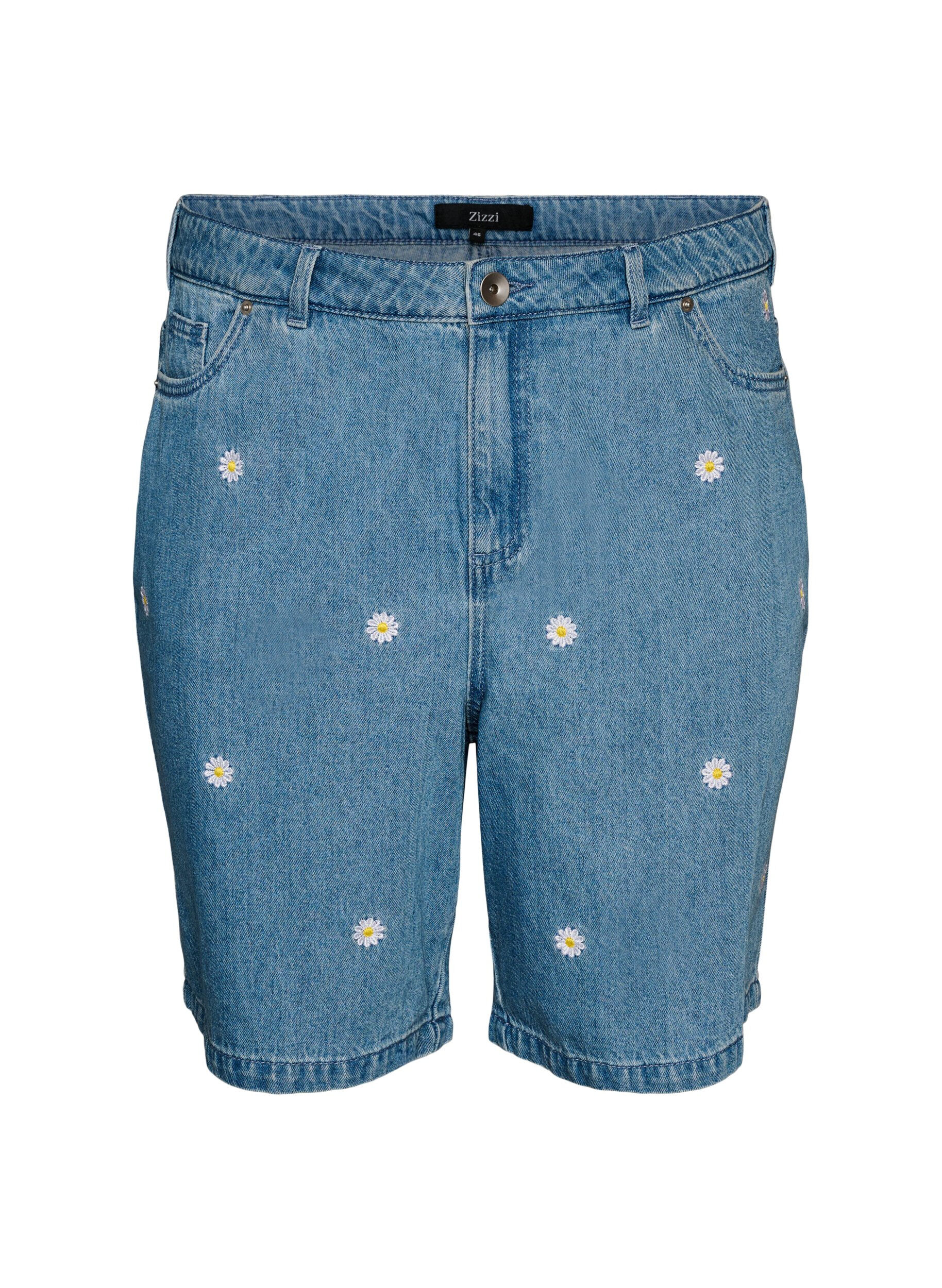 Short en jean taille haute avec broderies florales