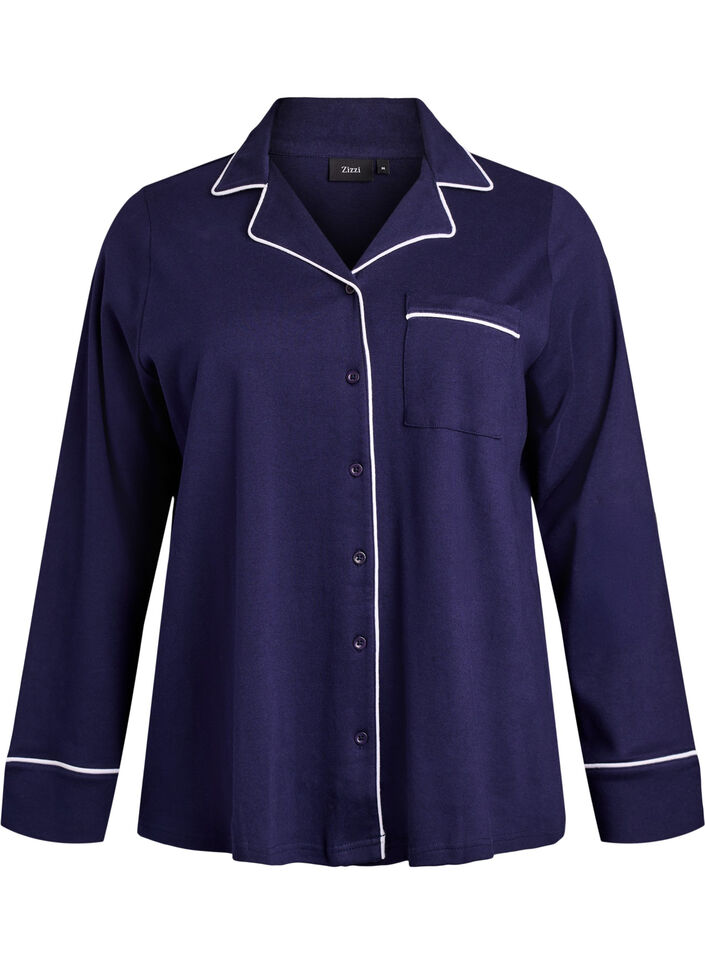 Katoenen pyjamashirt met borstzak, Blauw, Packshot image number 0