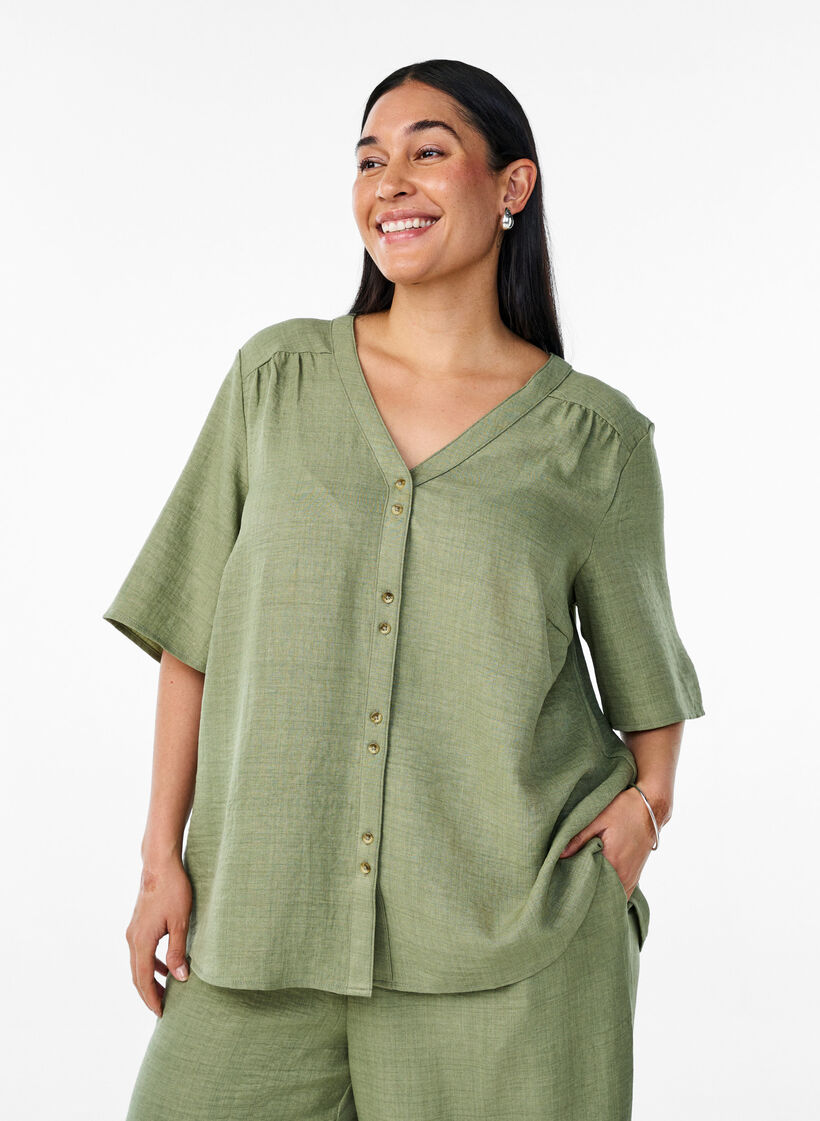 Overhemd blouse met V-hals en korte mouwen, Groen, Model image number 0