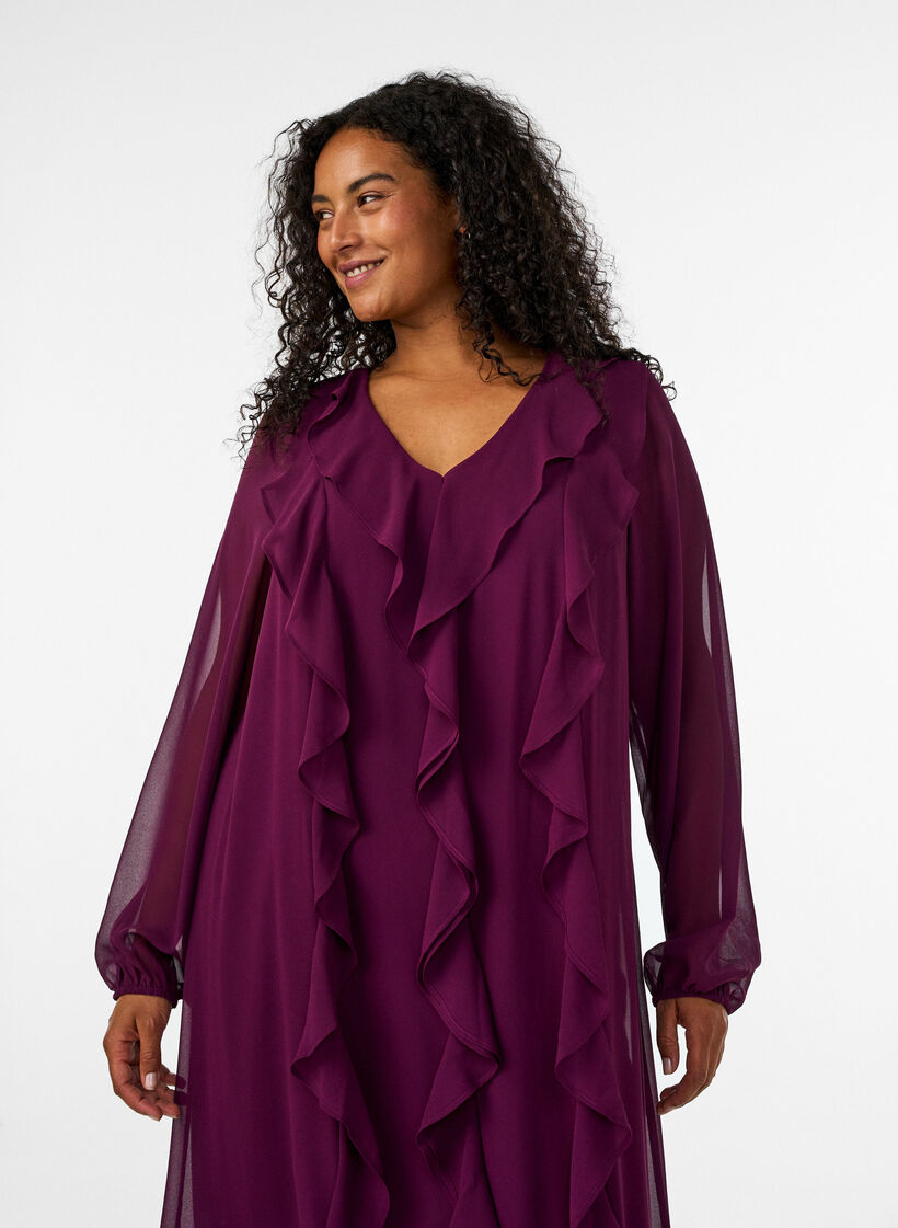 Jurk met ruches en V-hals, Rood, Model image number 2