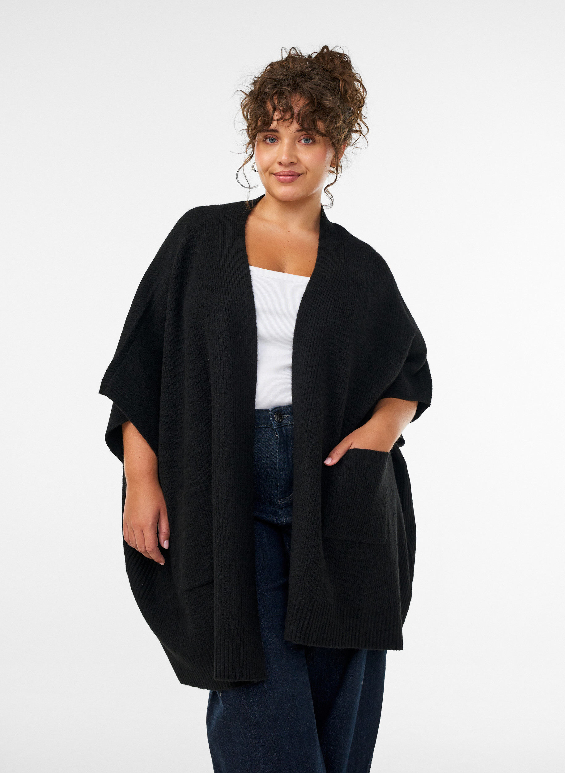 Cardigan met open voorkant en wijde mouwen, Zwart, Model