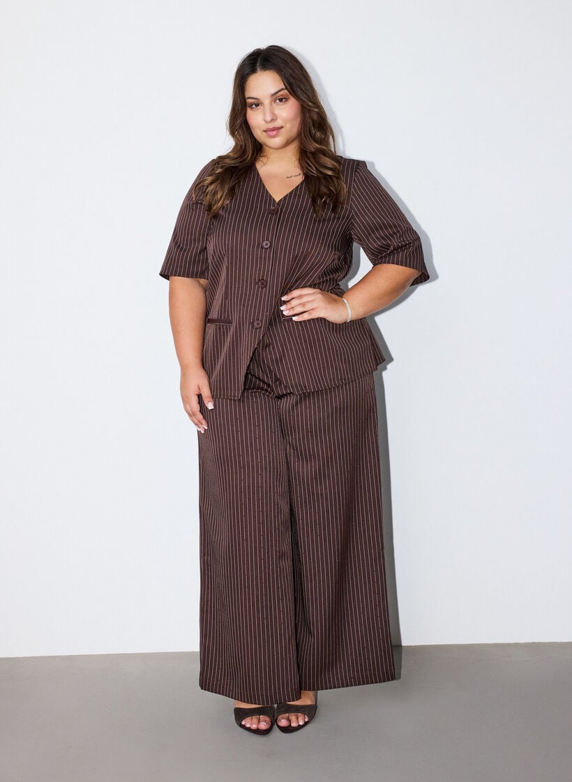 Blouse met krijtstreep, strasssteentjes en knopen, Bruin, Model image number 1