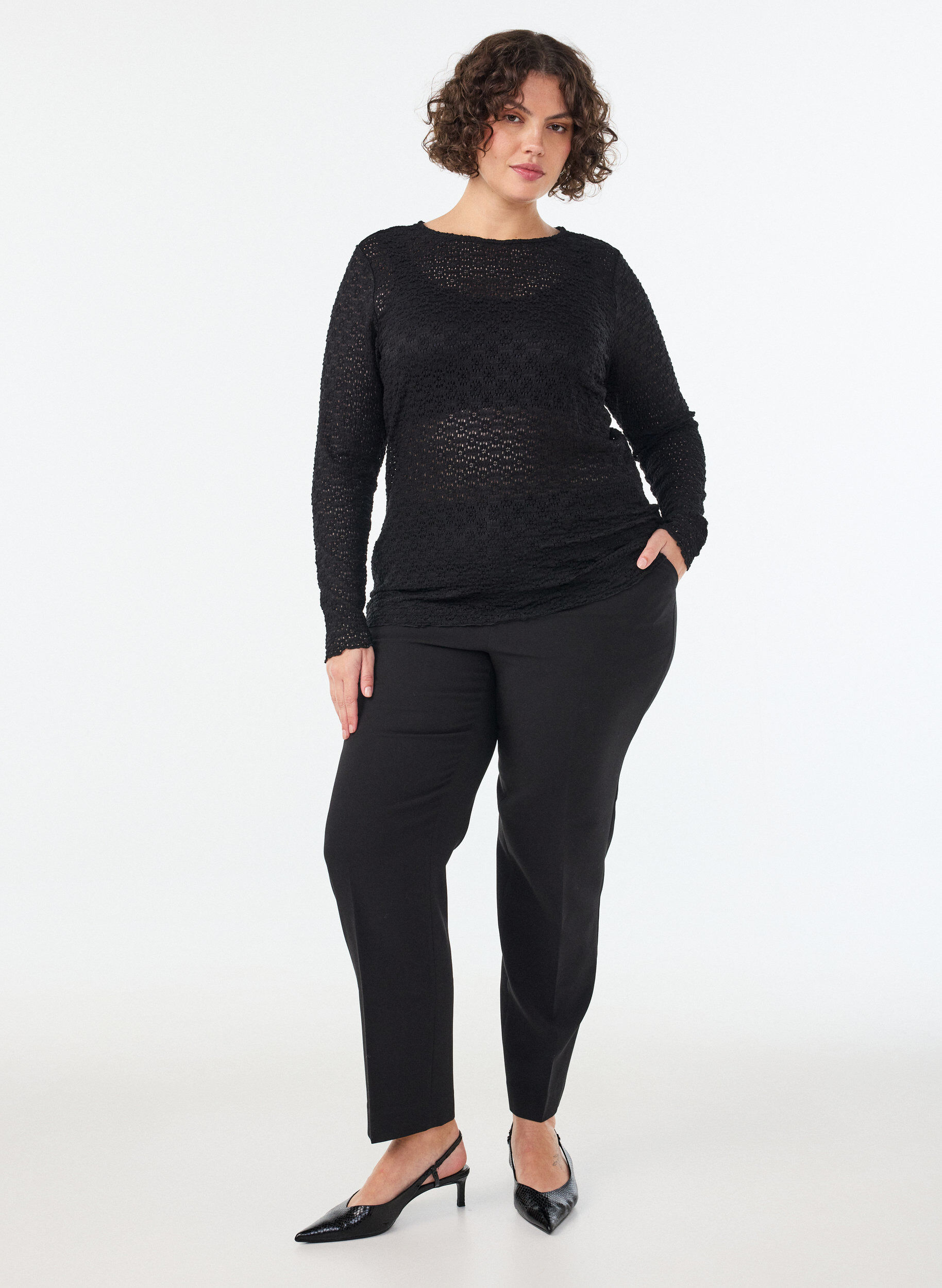 ZizziBlouse met ajourpatroon en lange mouwen, Zwart, Model image number 1