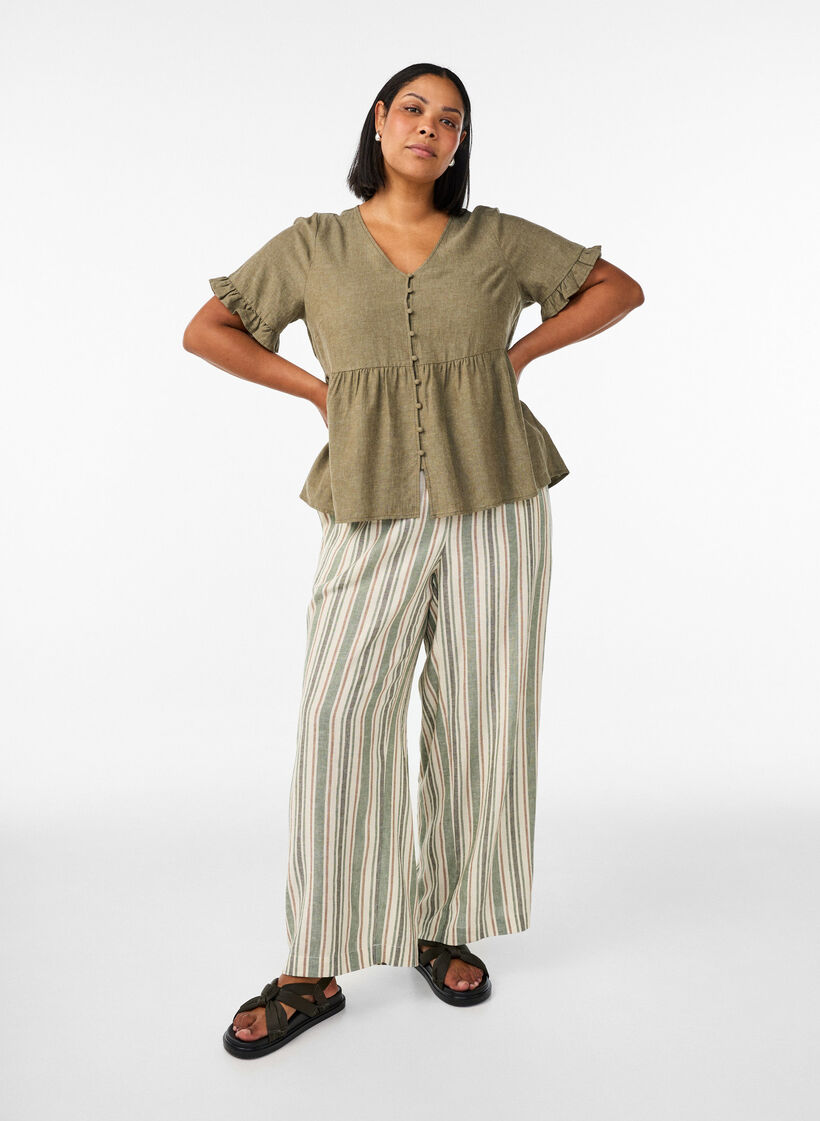 Blouse in linnen en viscose met een V-hals en knoopsluiting, Groen, Model image number 1