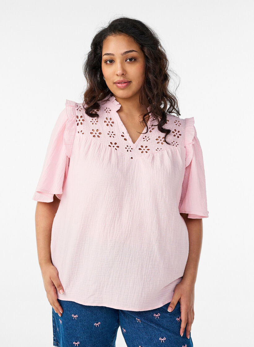 Blouse in katoen mousseline met broderie anglaise en 1/2 mouwen, Roze, Model image number 0