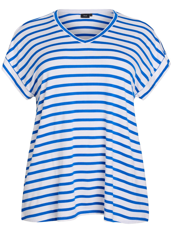 Gestreept T-shirt met V-hals, Blauw, Packshot image number 0