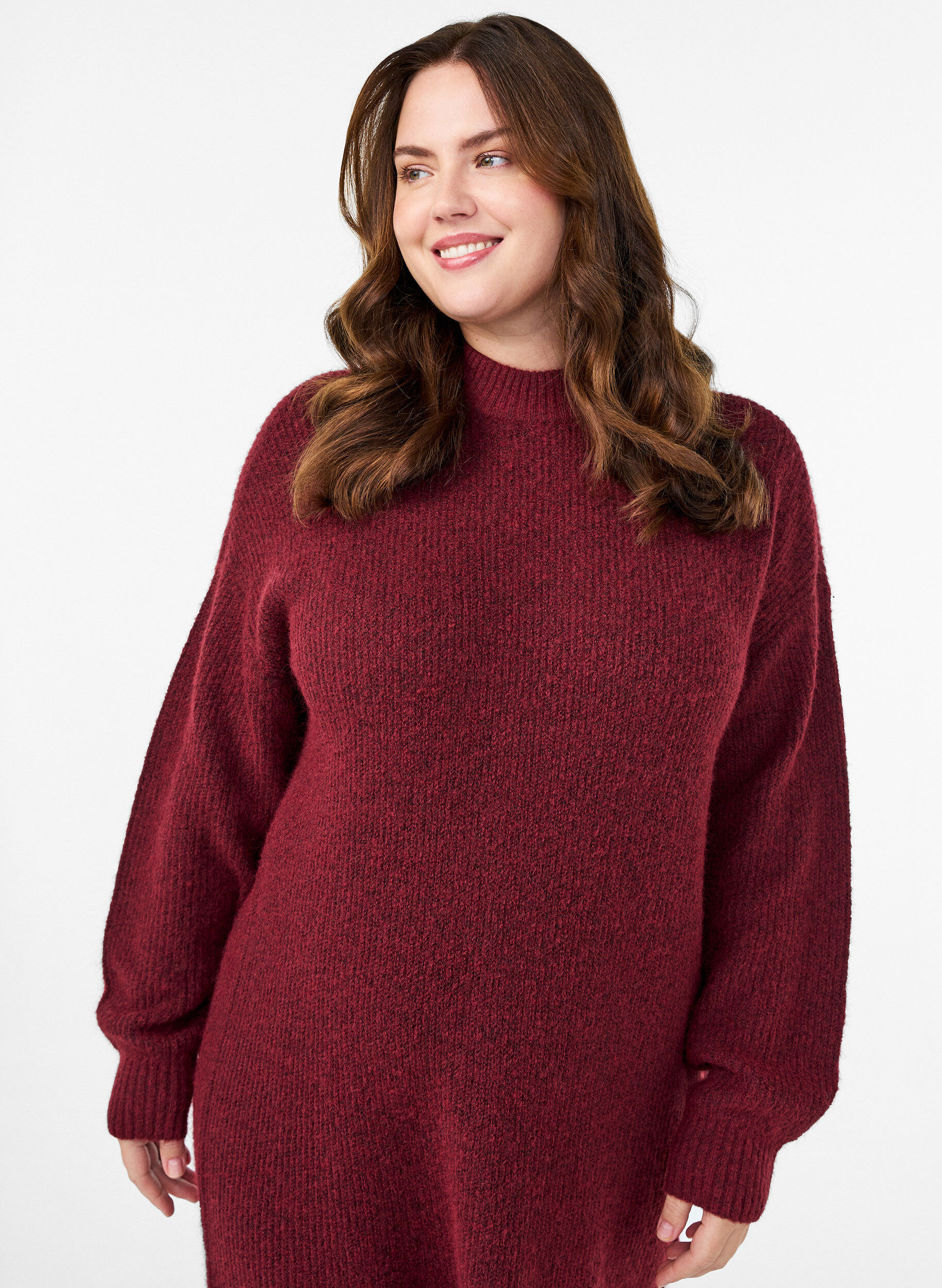 ZizziLange gebreide jurk met hoge hals, Rood, Model image number 2