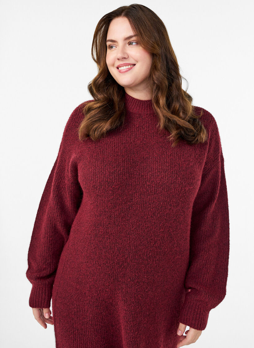 Lange gebreide jurk met hoge hals, Rood, Model image number 2