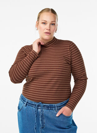 ZizziGeribde gestreepte jersey blouse met een hoge hals, F. Fudge Caribou, Model image number 0