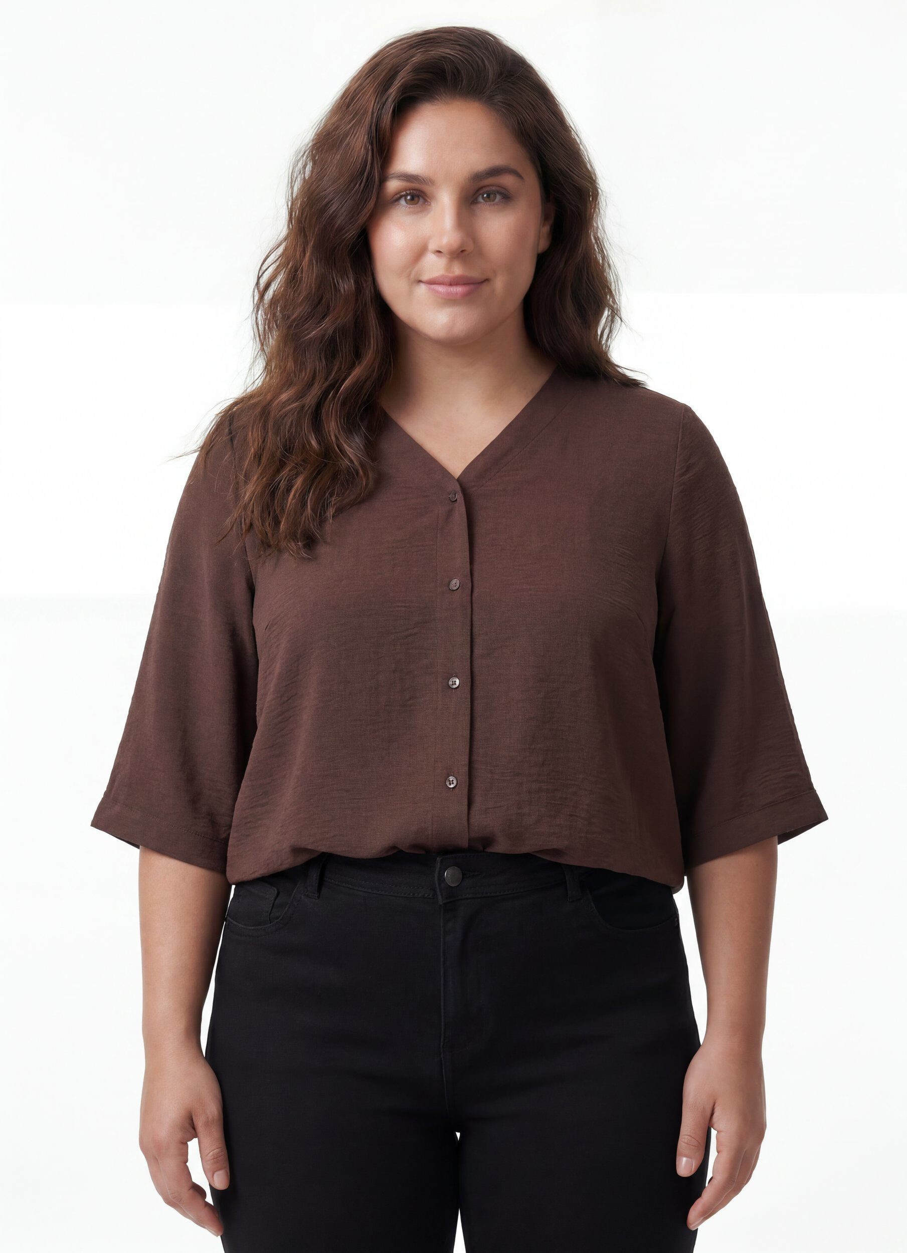 Shirtblouse met V-hals en 3/4 mouwen, Bruin, Model
