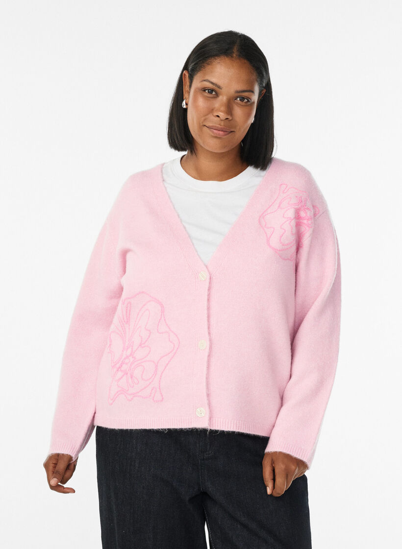 Cardigan met V-hals en geborduurde bloemen, Roze, Model image number 0