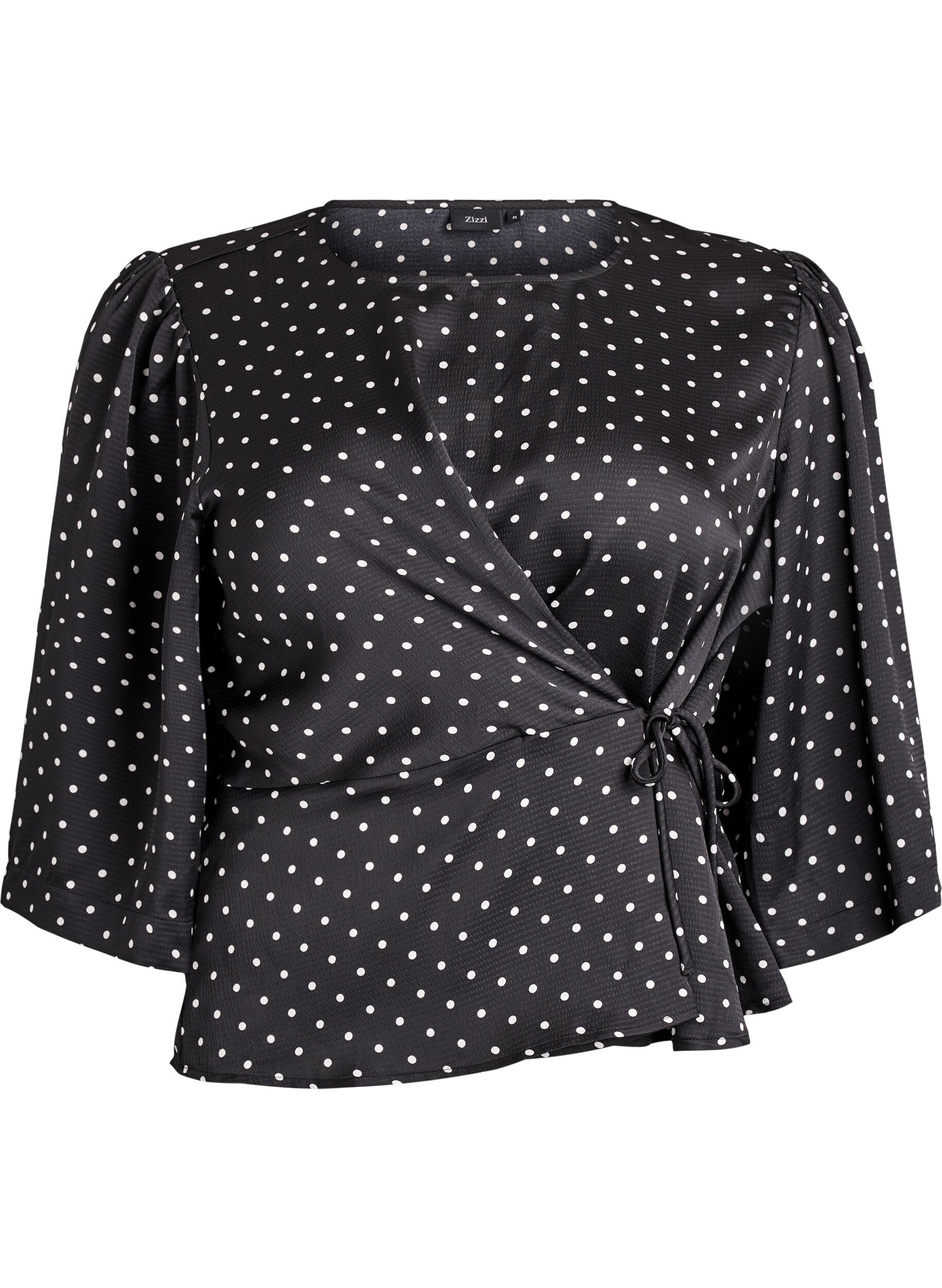 Blouse &agrave; pois avec lien &agrave; nouer et manches 3/4