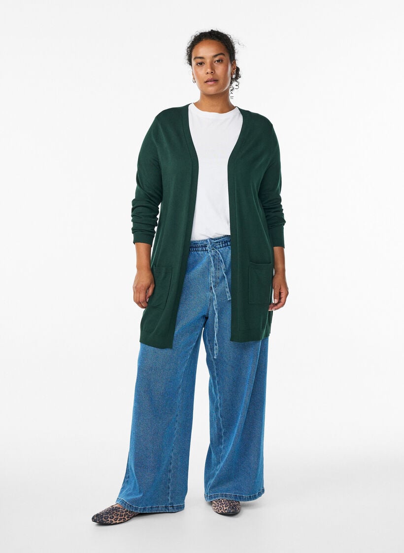 Lang gebreid vest van een viscose mix, Groen, Model image number 1