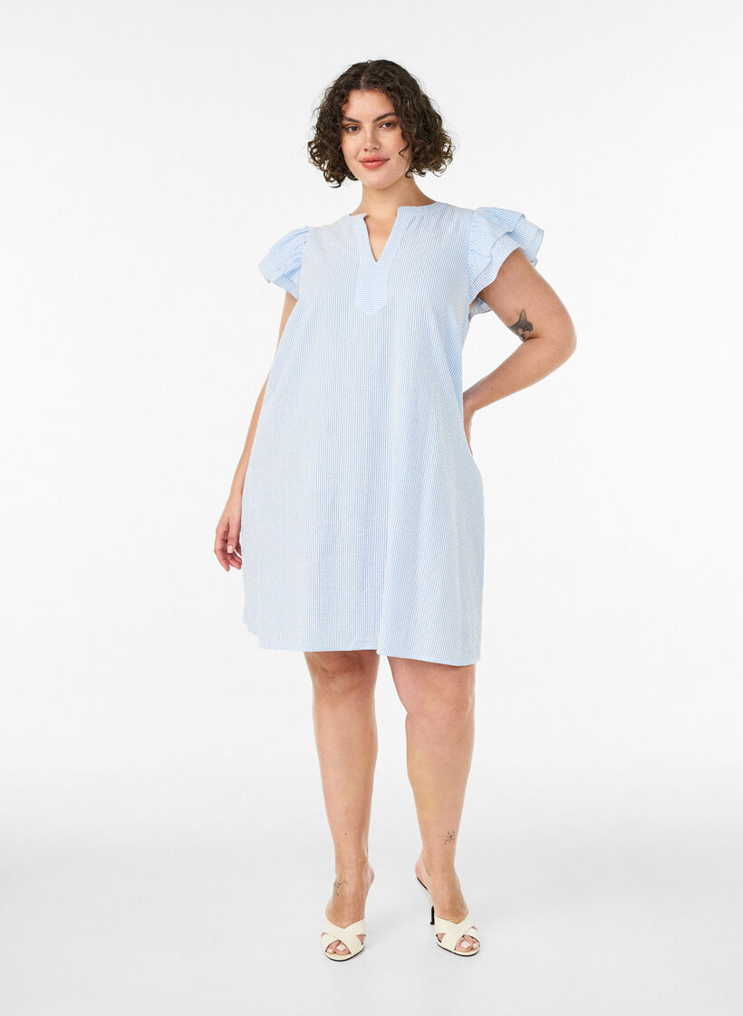 Gestreepte katoenen jurk met ruches en een A-lijn pasvorm, Blauw, Model image number 1